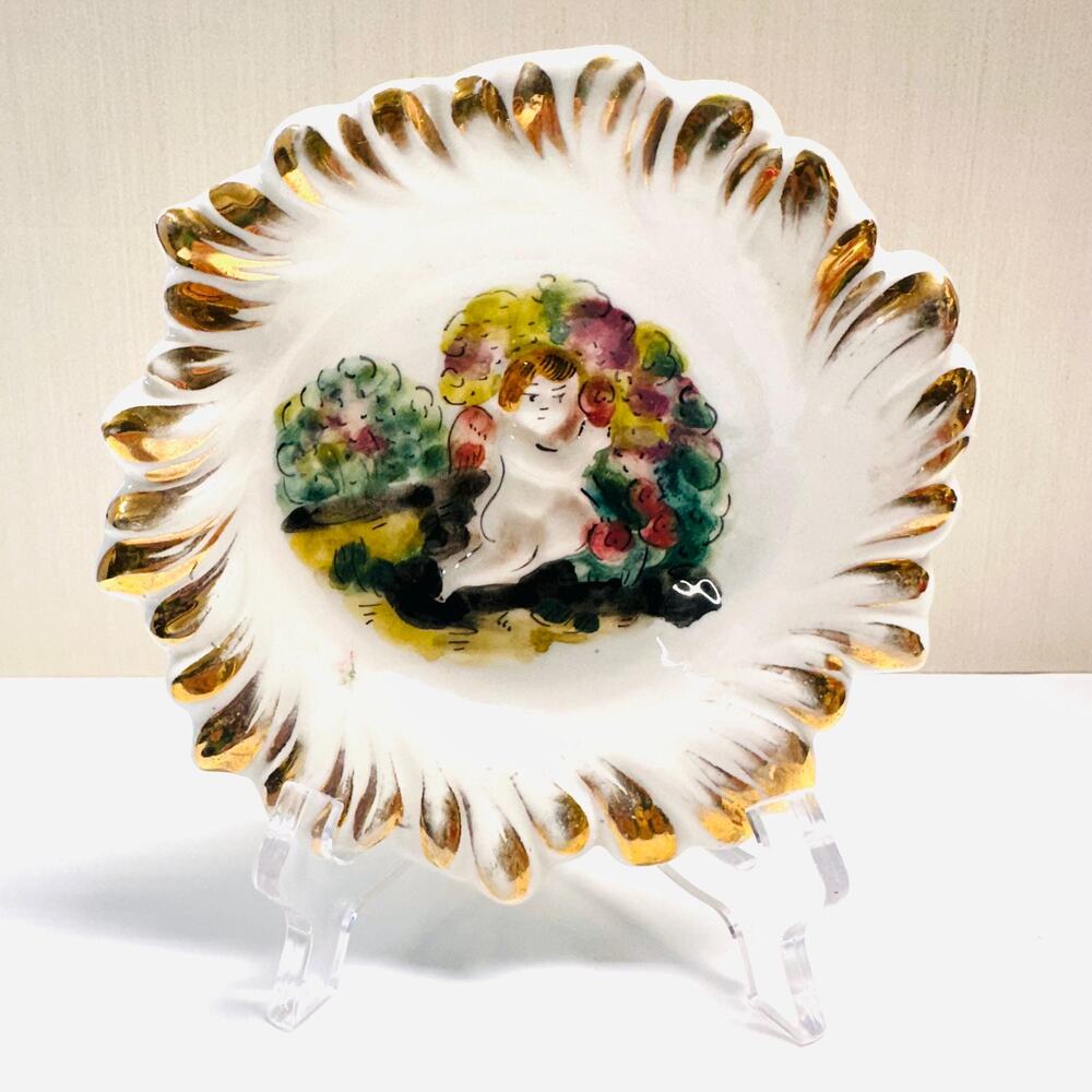 Vintage Capodimonte Keramos Small Dish Ring Trinket Hand Painted Cherub Italy